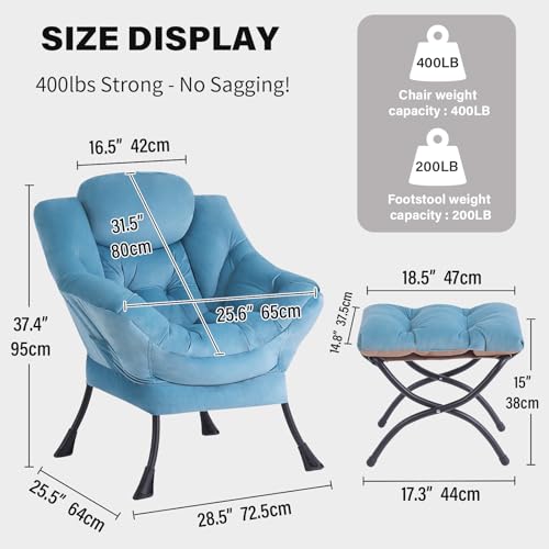 Tiita Lazy Chair with Ottoman, Blue Chiars Modern Large Accent Armchair, Comfy Leisure Sofa Reading Chair with Footrest for Bedroom, Living Room, Dorm Rooms, Garden, Velvet Light Blue - color: Light Blue