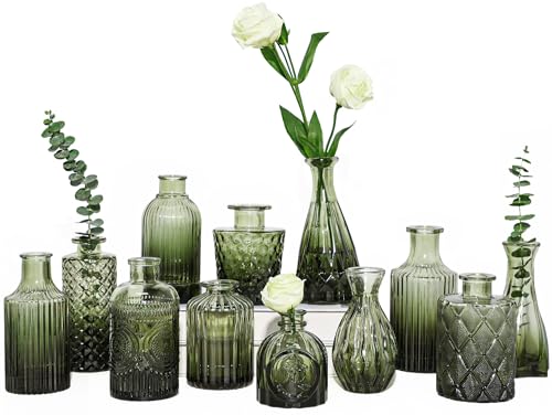 TBWIND 12pcs Green Glass Bud Vases Set, Small Vases for Flowers, Bud Vase for Centerpieces in Bulk, Mini Vintage Vase for Wedding Decorations, Office and Home Table Flower Décor - color: 12pcs-green