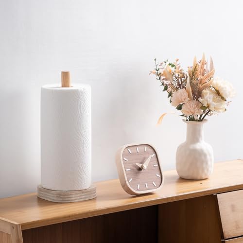Natural Travertine Textures Standing Paper Towel Holder for Kitchen Countertop, Bathroom Toliet Paper Roll Holder with Weighted Base and Sturdy Wood Stand,for Standard or Plus Rolls, Height-Adjustable - color: Yellow Stone
