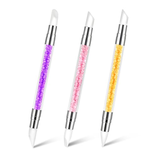 3 Pcs Nail Art Sculpture Pen, Dual Tipped Silicone Nail Tools, Silicone Head Acrylic Handle Nail Art Brushes, Rhinestone Nail Polish Carving Pen, Nail Art Tools for Home Salon(Yellow, Pink, Purple) - color: Yellow, Pink, Purple