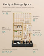 SONGMICS Jewelry Holder, Jewelry Organizer Display Stand with Metal Frame, Velvet Tray, Necklace Earring Bracelet Holder, for Studs, Rings, Gift Idea, Pale Gold and Ink Black UJJS021AB02 - color: Pale Gold + Ink Black