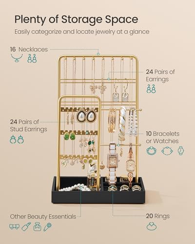 SONGMICS Jewelry Holder, Jewelry Organizer Display Stand with Metal Frame, Velvet Tray, Necklace Earring Bracelet Holder, for Studs, Rings, Gift Idea, Pale Gold and Ink Black UJJS021AB02 - color: Pale Gold + Ink Black
