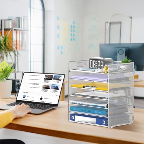 7 Tier Paper Organizer - Mesh Desktop File Holder with Handles for Office School Desk, Black (White) - color: White