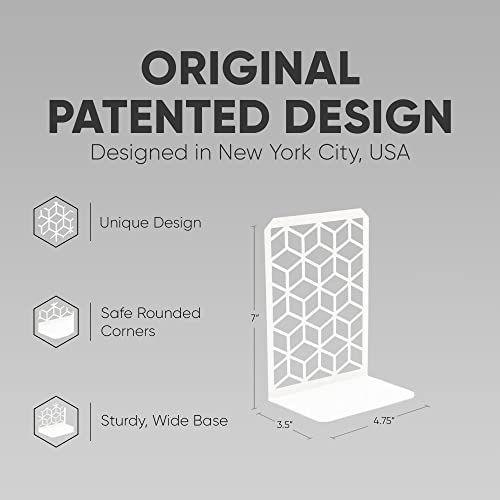 Geomod 3D Cube White Metal Bookends Decorative for Heavy Books - Sturdy Boho Book Stops - Minimal Book Shelf Stopper - Durable Office Bookends - Weighted Metal Book Holders - 7x4.75 Inches - 2 Pair - color: White, size: 2 Pairs, style: 3D Cube
