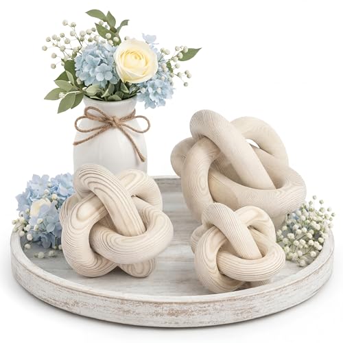 3 Pack Wooden Knot Decorations 3 Color Set Coordinated Boho Nautical Home Decor for Shelf, Wall, Tabletop, Sizes 3.94", 4.72", 5.91" (Nature) - color: Nature