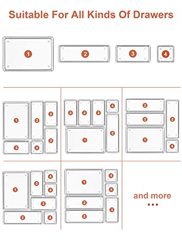 SMARTAKE 29-Piece Drawer Organizer with Non-Slip Silicone Pads, 4-Size Desk Drawer Organizer Trays Storage Tray for Makeup, Jewelries, Utensils in Bedroom Dresser, Office and Kitchen (Clear) - size: X Large