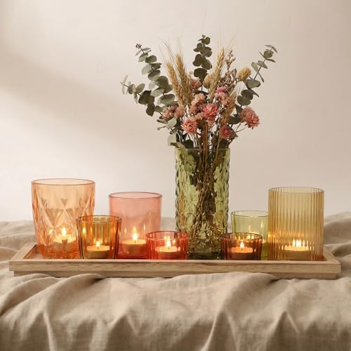 Votive Candle Holders Set with Wooden Tray - 8 Piece Rustic Colored Glass Candlestick & Solid Wood Centerpiece Decor for Mantel, Dining Table, Farmhouse Wedding Decor - color: Colored Candlestick