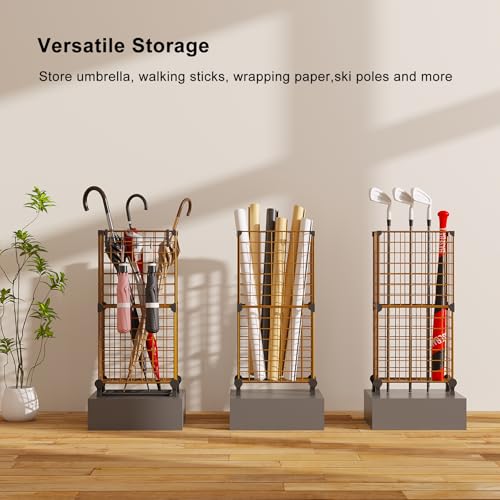 AWTATOS Umbrella Holder Entryway, Umbrella Stand Freestanding, Metal Square Umbrella Rack Organizer with a Removable Drip Tray, Hooks, Brown - color: Brown