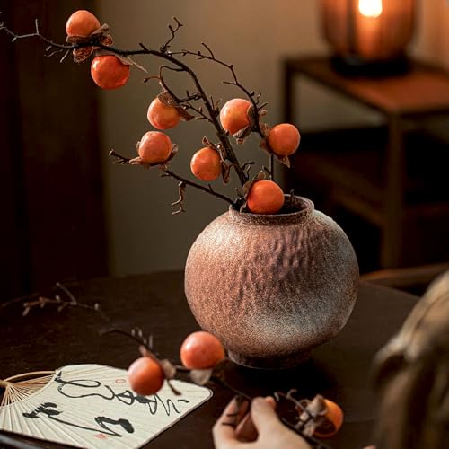 GeLive Round Hammered Finish‌ Rustic Pottery Vase, Handmade Ceramic Flower Vase for Home Decor, Farmhouse Centerpiece Moon Jar Vase (Brown, 7inch)‌