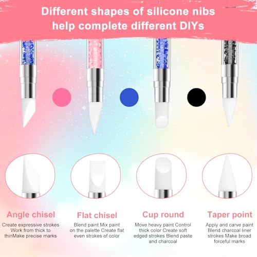 3 Pcs Nail Art Sculpture Pen, Dual Tipped Silicone Nail Tools, Silicone Head Acrylic Handle Nail Art Brushes for Design Nail Foil Carving Drawing Effect Shaping Drawing (Black, Pink, Royal Blue) - color: Black, Pink, Royal Blue