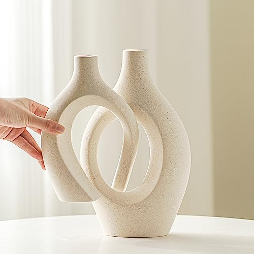 Lvases Snuggle Hollow Ceramic Vase Set of 2, Boho ins Style Round Nordic Mid Century Modern Aesthetic Decorative Vase for Home Decor (Cream W 6.8" X H 11") - color: Extra Large Cream White