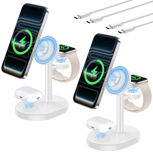 Hevanto 2026 3 in 1 Wireless Charging Station for Apple MagSafe Charger, 15W Fast Magnetic Mag-Safe Charger Stand for iPhone 17 16 15 14 13 12 Apple Watch AirPods, 2 Pack (Adaptor Not Included) - color: 2Pack_MagWhite