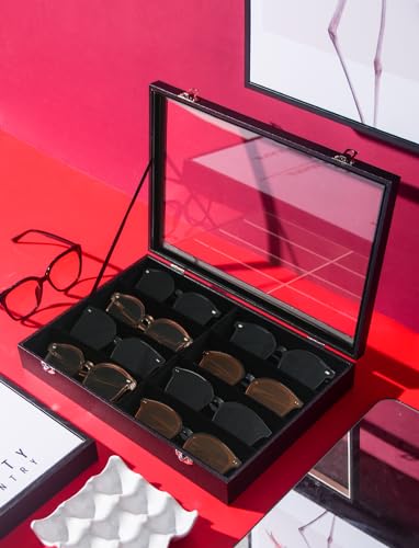 Coward Sunglass Organizer Tray Box, Black Velvet Grids Eyeglasses Display Tray Case with Transparent Glass Lid for Home Use or Store Shop Selling Show - color: Black Velvet, size: Sunglass Box