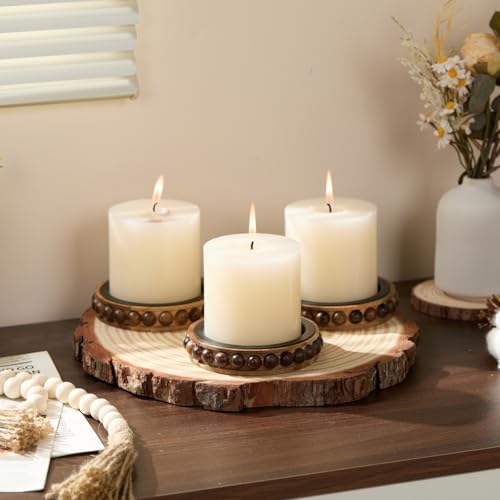 Wooden Candle Holders for Pillar Candles, Set of 3 Acacia Wood Beaded Plate with Metal Cup Inserts, 4 Inch Rustic Farmhouse Tray Stand for Fireplace Mantel, Table Centerpiece Decor - color: Acacia Wood