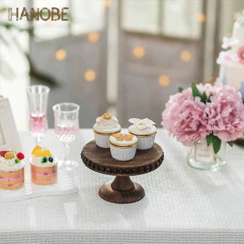 Hanobe Small Wood Cake Stand: Cupcake Pedestal Stand 8 inch Dessert Display Riser Distressed Rustic Round Cakes Holder Tray Vintage Beads Wooden Plate for Wedding Birthday Decor