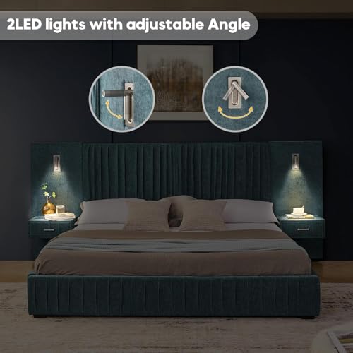 Luxury King Size Bed Frame with Oversized Upholstered Headboard, Modern Chenille Upholstered Platform Bed Frame with Gold LED Lights, Nightstands, No Box Spring Needed, Blue - color: Blue, size: King