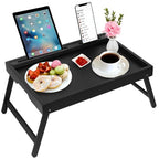 Bed Tray Table with Handles Folding Legs,Bamboo Breakfast Food Tray with Media Slot,Use As Platter,Laptop Desk,Snack,TV Tray Kitchen Serving Tray Black Large - color: Black, size: Large