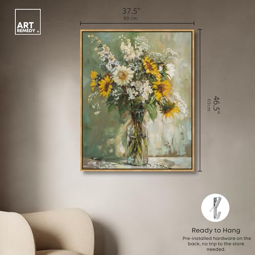 Art Remedy Sunflowers In A Glass Vase Canvas Vintage Farmhouse Wall Art, Gold Frame, 36" x 45" - color: Gold Frame, size: 46"L x 37"W