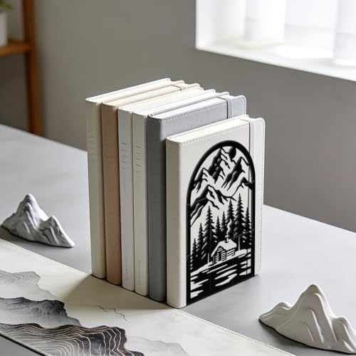 WADORN 1 Pair Mountain Scenery Decorative Bookends, Forest Cabin Heavy Duty Metal Book Ends Rustic Non-Skid Black Book Stopper for Bookshelf Library Home Office Dorm Back to School, 5.3x4.3x7.9 Inch - color: Mountain Scenery