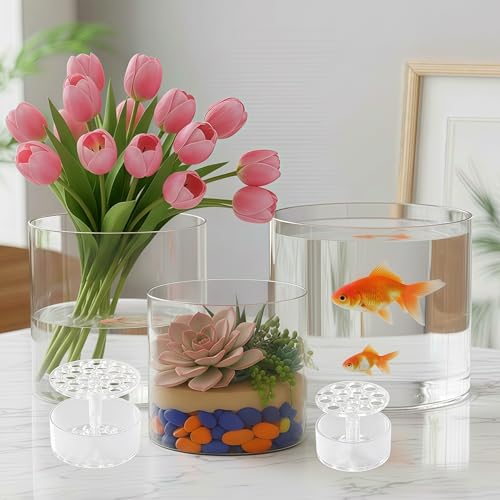 Liotww Unbreakable Acrylic Vase Set - Wide Mouth Short Cylinder Vases with Holder, Clear Plastic Flower Vase for Home Decor Wedding Centerpiece (D10”/7.8”/6” Not Glass) - color: XL 3 Clear-e