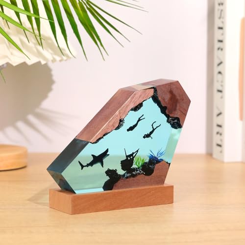 Ocean Creative Epoxy Resin Wood Light Lamp, Handmade Multi Color Aquatic Ocean Lamp Deep Sea Diver Cave Diving Enthusiasts Led Night Light Desktop Decor Christmas Birthday Gift (White Shark, S) - color: White Shark