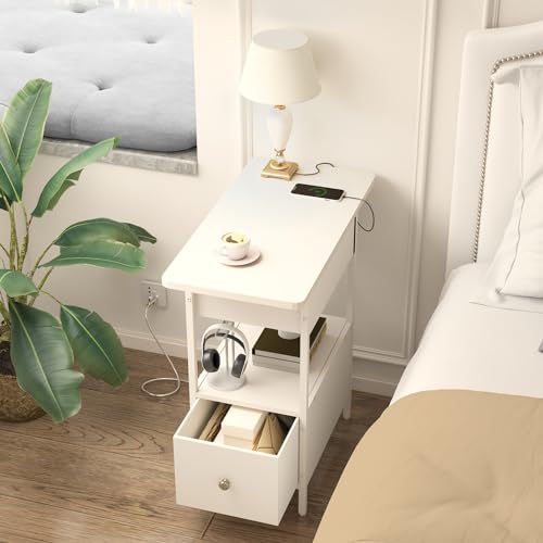 SOOWERY End Table with Charging Station, Narrow Side Table with Flip Top Cabinet and Fabric Drawer, Nightstand Bedside Tables for Small Spaces, Bedroom, Living Room, White - color: White