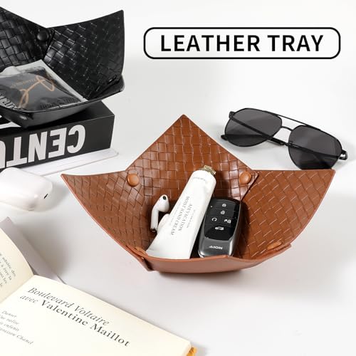KINIVA PU Leather Jewelry Valet Tray for Men Women,Small Key Bowl for Entryway Table,Portable Travel Catchall Dice Tray (Bowl-Brown-2pcs) - style: Bowl-Brown-2pcs