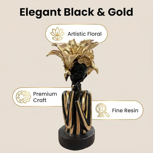 Lescafita African Woman Art Sculpture with Gold Floral Crown, Exquisite African Statue, Emotional Modern Home Art Gift for Various Settings Such as Home, Bookshelves, desks, or Offices(10.83 inch - color: 711-gold M