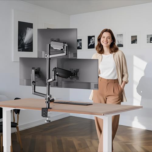 WALI Triple Monitor Mount for 13-34 inch Screens, Full Adjustable 3 Monitors Desk Mount with Clamp & Grommet Base, Triple Monitors Arm, up to 19.8lbs Each, VESA 75x75 100x100 mm (GSDM003XL), Black - size: 13"-34", style: Triple Arms