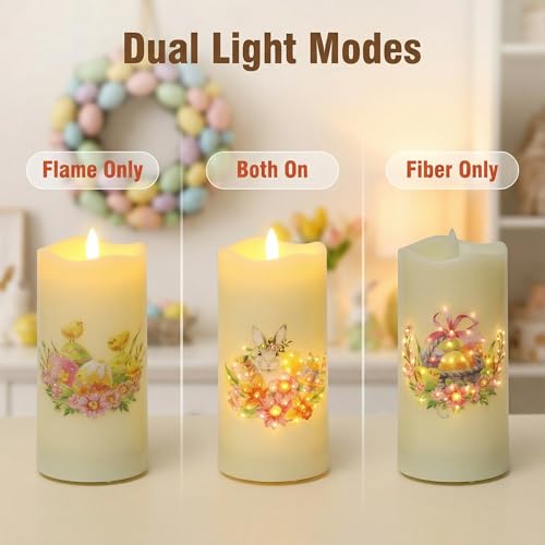 Eywamage Fiber Optic Spring Flameless Candles with Remote, Flickering Easter LED Pillar Candles Battery Operated Set of 3 - color: Easter