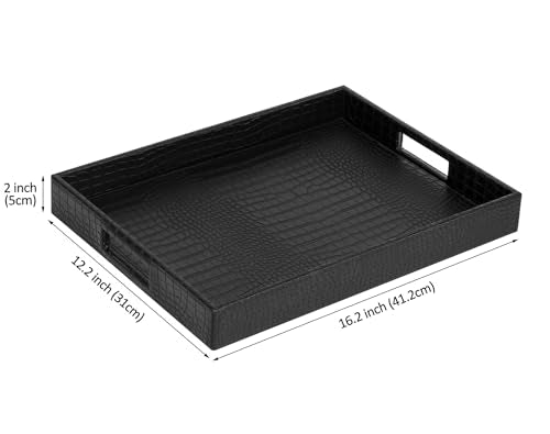 HofferRuffer Rectangle Serving Tray with Hole Handles for Coffee Table, Breakfast, Tea, Food, Butler - Countertop, Kitchen, Vanity Serve Tray, 16.2 x 12.2 x 2 inches, Faux Leather (Black Croco) - color: Black Croco, size: 16.2" x 12.2" x 2"