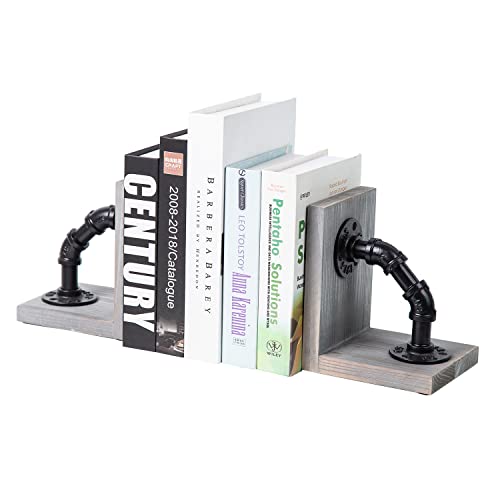 Rustic Decorative Wooden Tabletop Farmhouse Bookends for Heavy Books with Modern Industrial-Style Pipe Office Desktop Bookshelf Organizers Holder Nonskid Shelf Decor for Home Office 1-Pair (Grey) - color: Gray