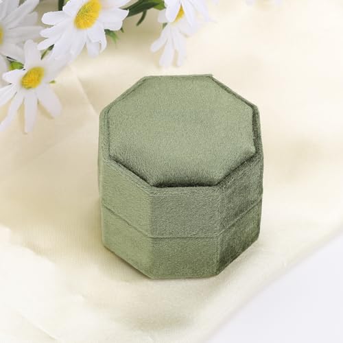 WantGor Velvet Ring Box, 3 Slots Jewelry Ring Gift Box Vintage Ring Display Holder Case for Wedding Ceremony Proposal Engagement (Olive Green) - color: Olive Green