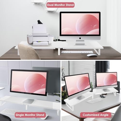 Across-Star Dual-Monitor Stand for Desk - Large Adjustable Length and Angle Riser for 2 Monitors, Double Computer Desktop Organizer, Shelf for TV, Laptop, Printer - color: White, size: 30.3-40.5‘’L*9.45‘’D*4.9‘’H