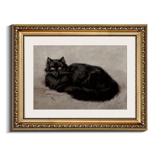 InSimSea Retro Gold Framed Wall Art, Vintage Black Cat Home Bathroom Wall Decor, Animal Canvas Print Artwork, Farmhouse Country Decor, Antique Picture Frame Retro Classical Paintings, 11x14 Inch - color: The Cat, size: 14"L x 11"W