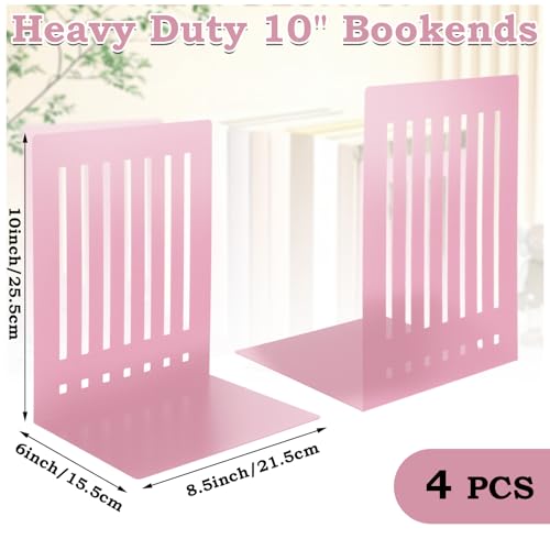 4 Pcs 10 Inch Heavy Duty Bookends Non-Skid Base Large Heavy Duty Book Ends Stopper for Office Books Vinyl Records Shelves Binders (Pink) - color: Pink, size: 10 Inch