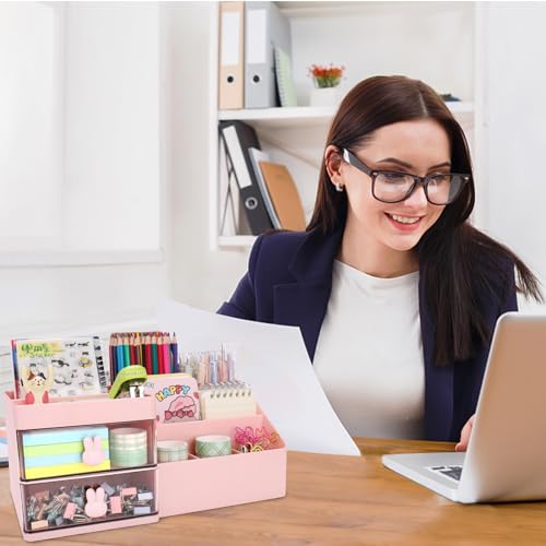 Meiikun Desk Organizer, Makeup Organizer with 2 Drawers, 7 Compartment & a Top Tray, Desktop Organizers and Storage for Women, Cute Home organization Bathroom, 11" x 5.7" x 4.7" (Pink) - color: 8 Compartments + 2 Drawer (Pink)