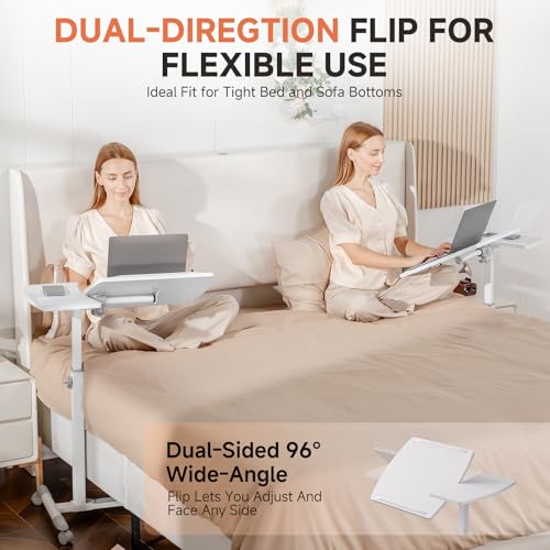 GTPLAYER Mobile Small Standing Desk, Tiltable Sit Stand Portable Rolling Laptop Desk with Lockable Wheels, Adjustable Height Overbed Bedside Table Computer Workstations, White - size: 28x16in (Tiltable)