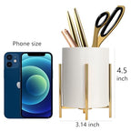 Gold pencil cup Sturdy metal frame with white ceramic pen holder For desks and kitchen appliance holders - color: White gold, size: H 4.6''