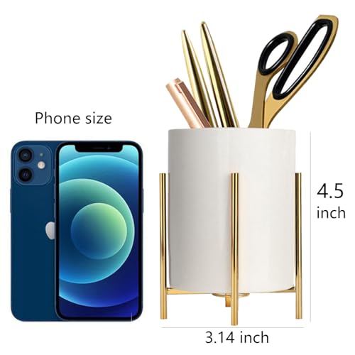 Gold pencil cup Sturdy metal frame with white ceramic pen holder For desks and kitchen appliance holders - color: White gold, size: H 4.6''