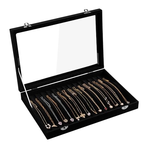 Frebeauty 15 Hooks Necklace Tray Velvet Neckalce Organizer with Clear Lid Lockable Necklace Holder Box Jewelry Organizer for Pendants Chains Necklace Jeweley Tray for Women Girls(Black) - color: Black
