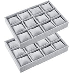Henoyso 2 Pieces 12 Grid Velvet Watch Tray Jewelry Organizer Stackable Watch Bracelet Bangle Display Holder Adjustable Pillow (Gray) - color: Gray, size: 12 Grid