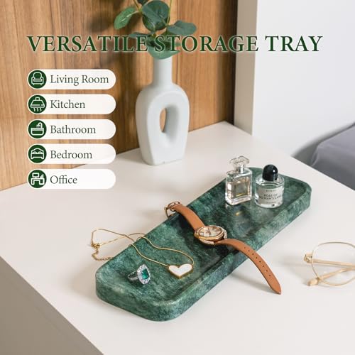 Koville Marble Tray for Bathroom Sink, 12"x4" Natural Stone Vanity Tray for Kitchen Dresser Countertop, Rectangular Decorative Marble Tray for Jewelry Perfume Trinket(Green) - color: Green, size: 12" x 4" x 0.7"