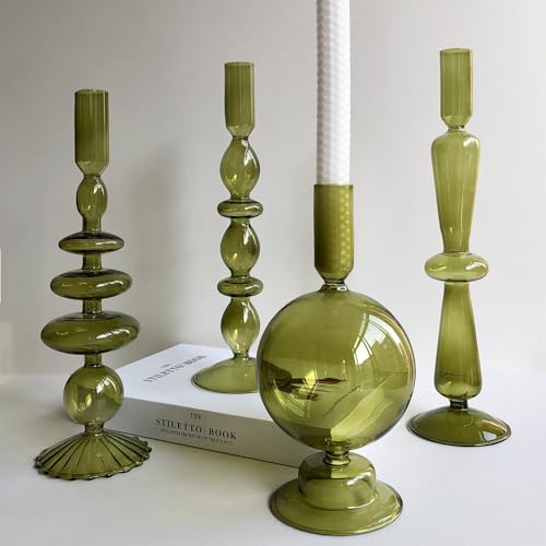 Candle Stick Candle Holder, Glass Candle Holders for Table Centerpiece, Modern Style Green Candle Holder Mixed 4pcs - color: Green