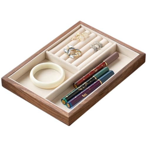 Black Walnut Wood Jewelry Tray with Velvet Lining, Multi-Functional Jewelry Organizer for Rings, Earrings, Necklaces & Bracelets, Drawer Jewelry Storage & Display Tray - color: 2grid+5 line