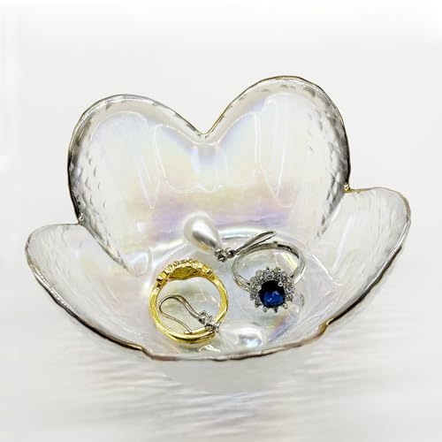 Flower Ring Dish Jewelry Tray, Glass Jewelry Dish Tray, Aesthetic Room Decor Small Trinket Dish, Nightstand Jewlery Ring Holder Dish, Bathroom Jewelry Plate Bowl for Rings Earrings Gift (White) - color: Rainbow Color