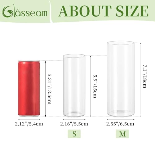 Glasseam Glass Cylinder Vase in Bulk: 12pcs Clear Small Bud Flower Vases for Centerpieces - Modern Hurricane Pillar or Floating Candle Holder for Wedding Party Table Living Room Home Decor, Tall 6"+7"