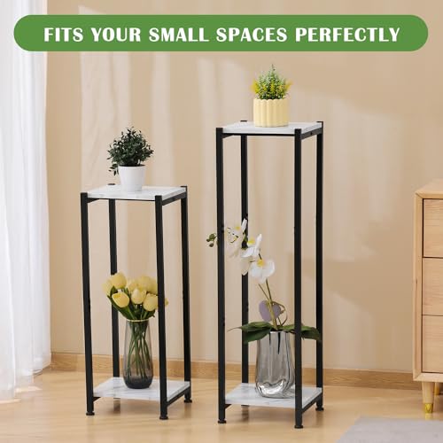 Dipion Tall Plant Stand Indoor,31 Inch Plant Stands,2 Tier Metal Plant Stand with Heavy Duty Wood,Marble White and Black