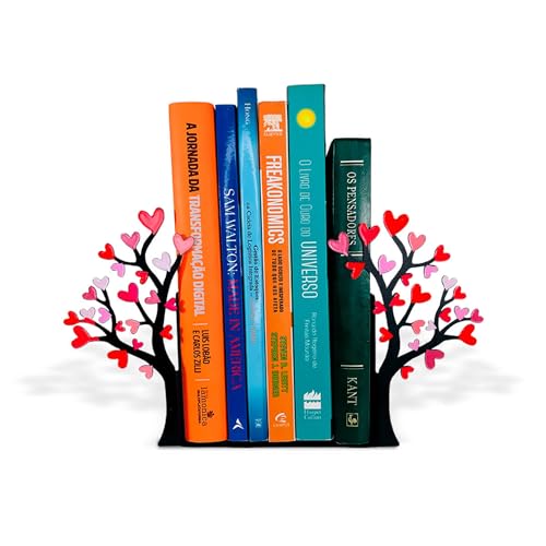 Tree Bookends with Heart-Shaped Leaves - Steel with Epoxy Coating and Wood Base - Decorative Pair of Book Holders for Shelves and Desk - Black with Red and Pink Accents – Geguton - color: Flower-heart Tree - Colorful