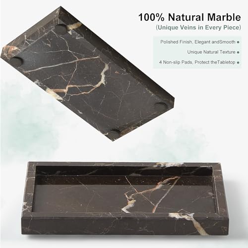 Natural Small Marble Vanity Tray, Luxury Stone Organizer for Bathroom & Kitchen | Holds Soap Dispenser, Jewelry, Perfume | Non-Resin, Non-Ceramic Décor - color: Brown, size: 7.9" x 4.3" x 0.8"